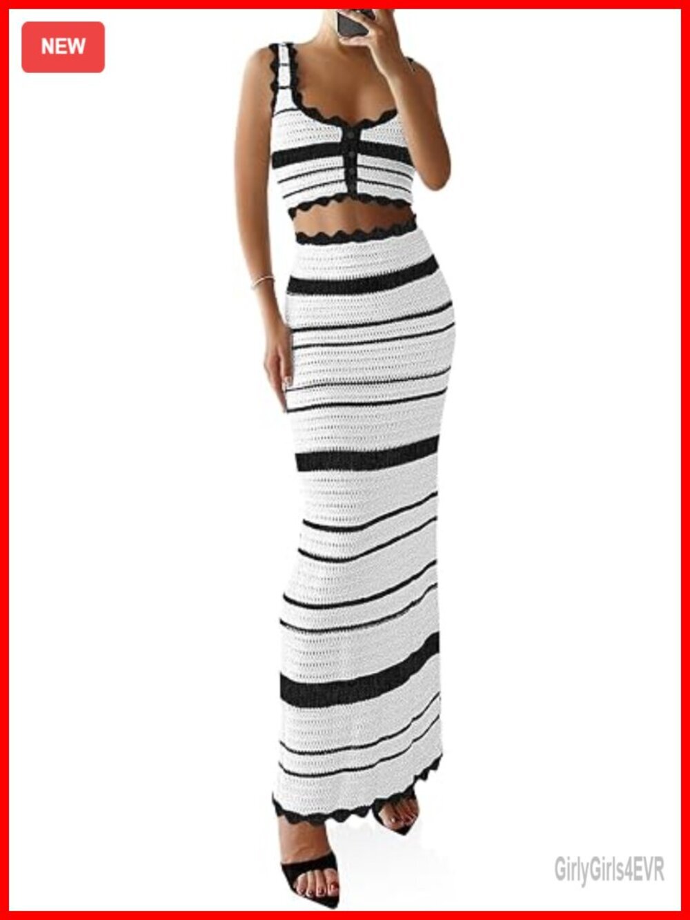 Striped Crochet Knit 2 Piece Coverup Set - Sleeveless Crop Tank & Bodycon Maxi